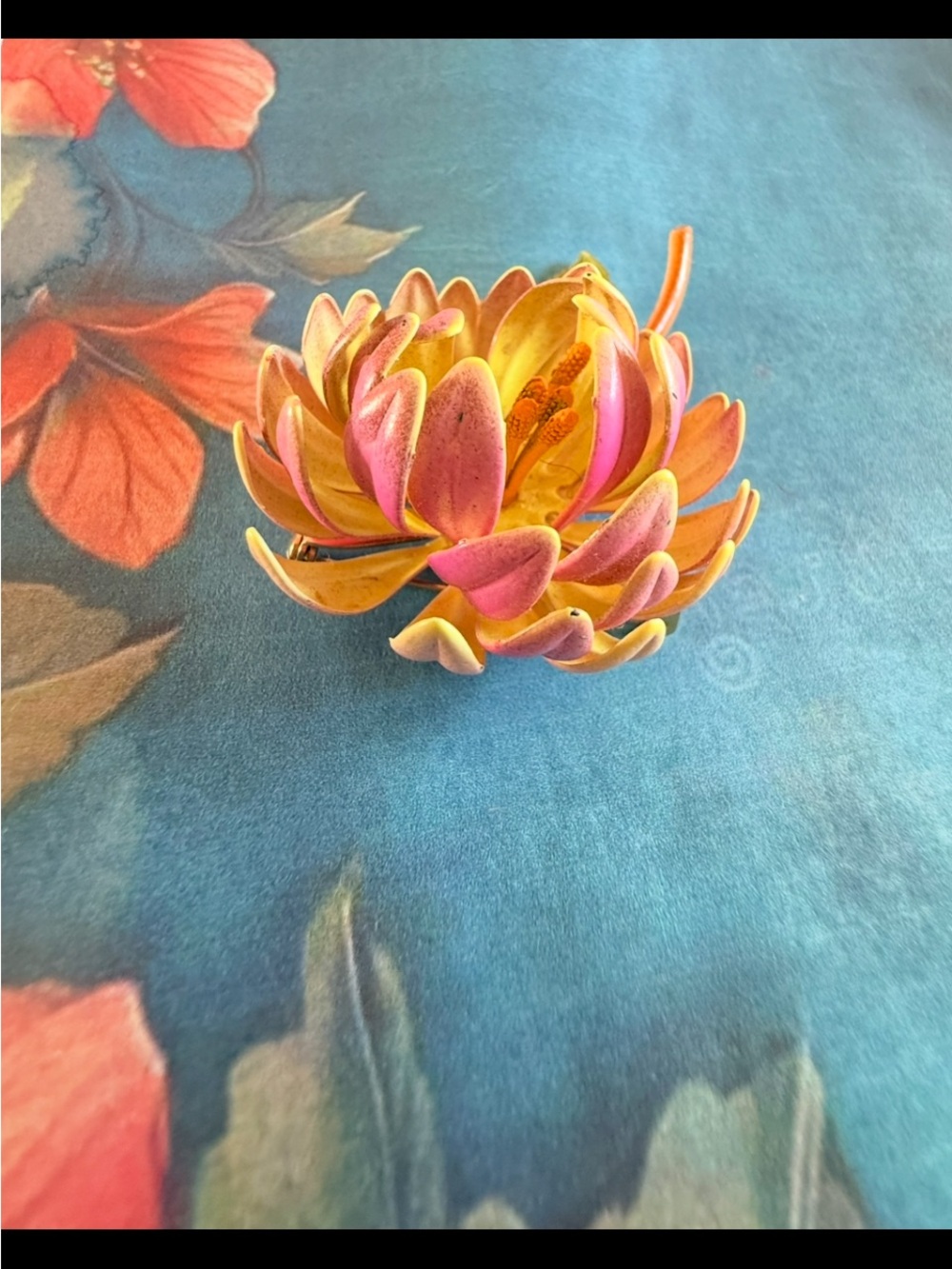 Large Decorative Pink and Yellow Lotus Flower Brooch.